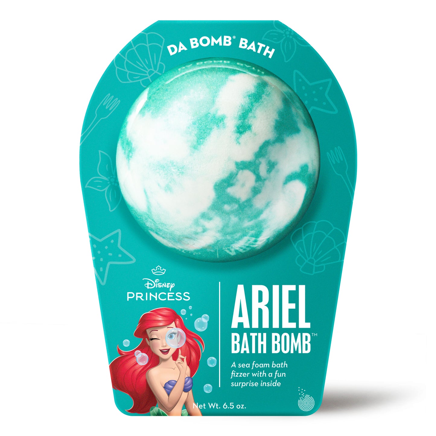 White with teal swirl bath bomb scented as sea foam in teal Disney Princess Ariel packaging.