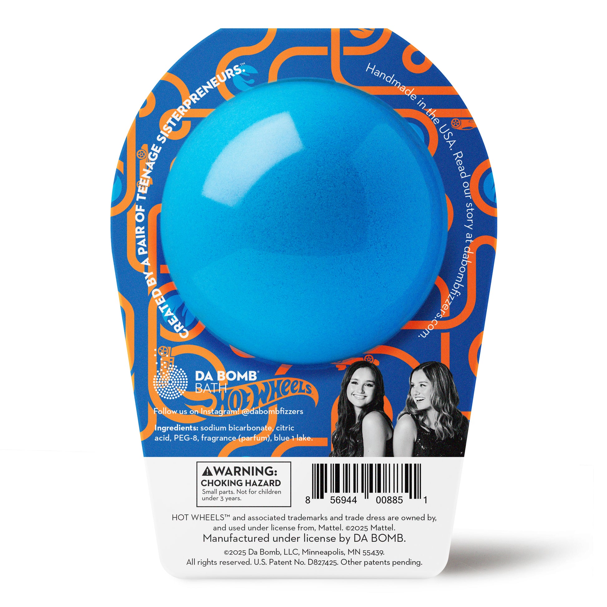 back of blue bath bomb in blue and orange hot wheels packaging