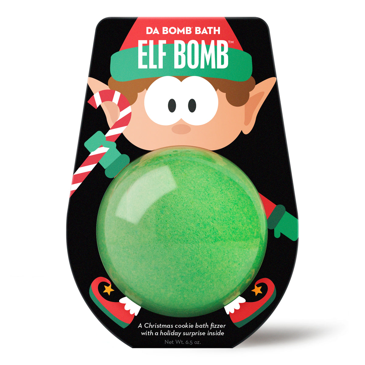a green bath bomb in a holiday elf packaging 