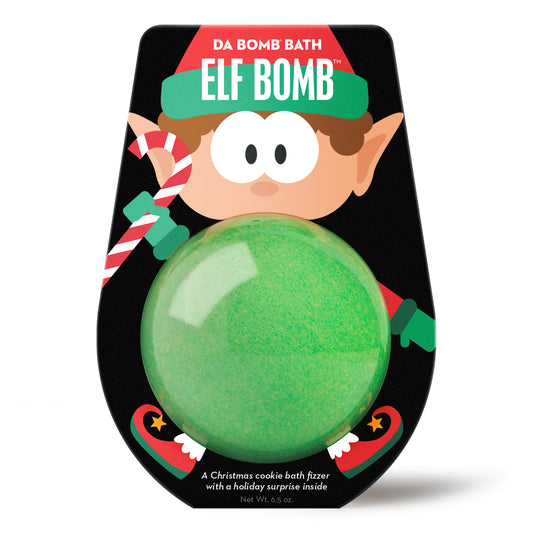 a green bath bomb in a holiday elf packaging 