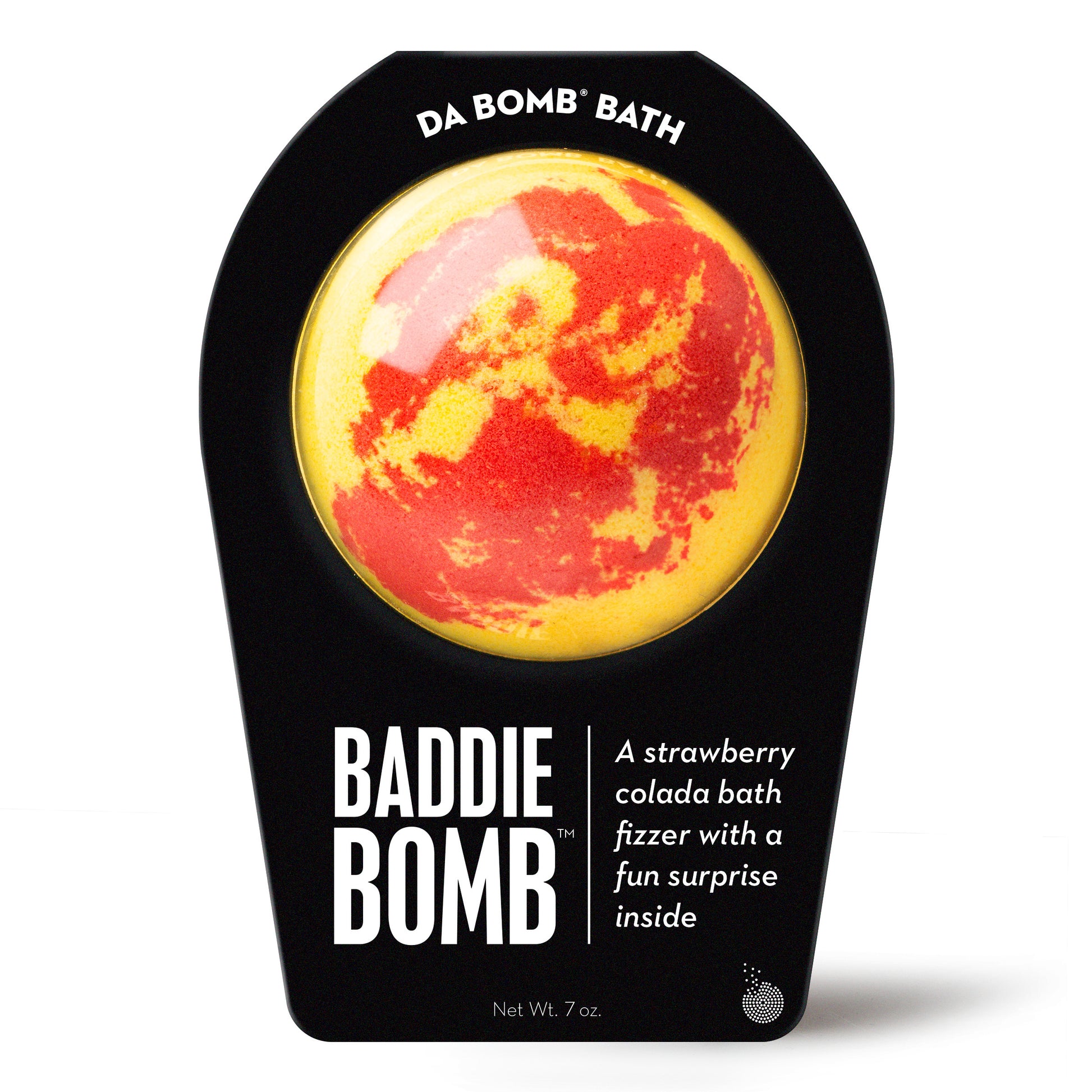 a red and yellow bath bomb in black packaging