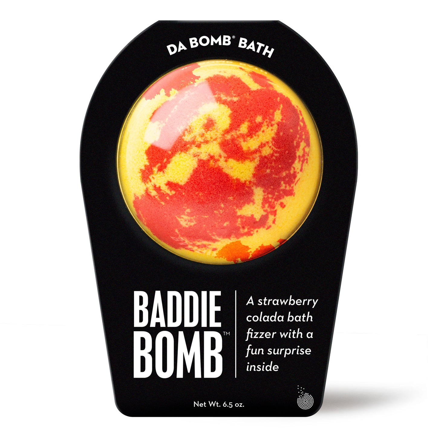 back of a yellow and red bath bomb in black and white packaging