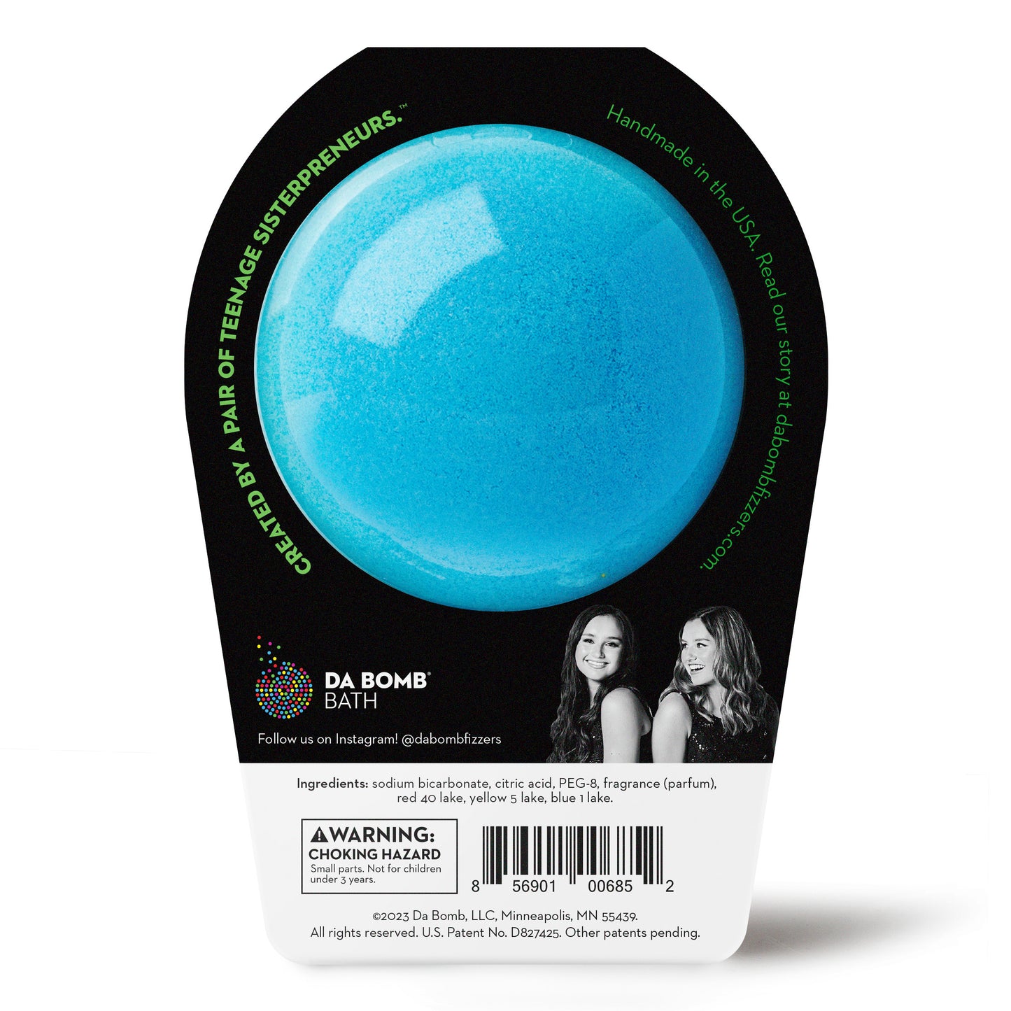 back of a blue bath bomb in black packaging