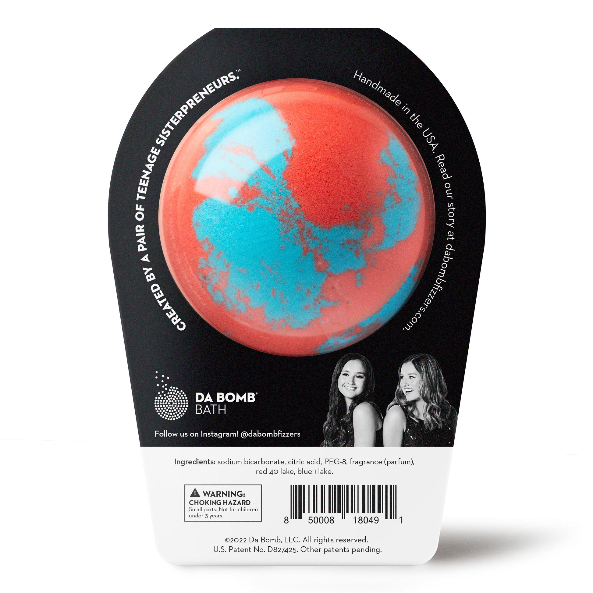 back of a blue and red bath bomb in black and white packaging