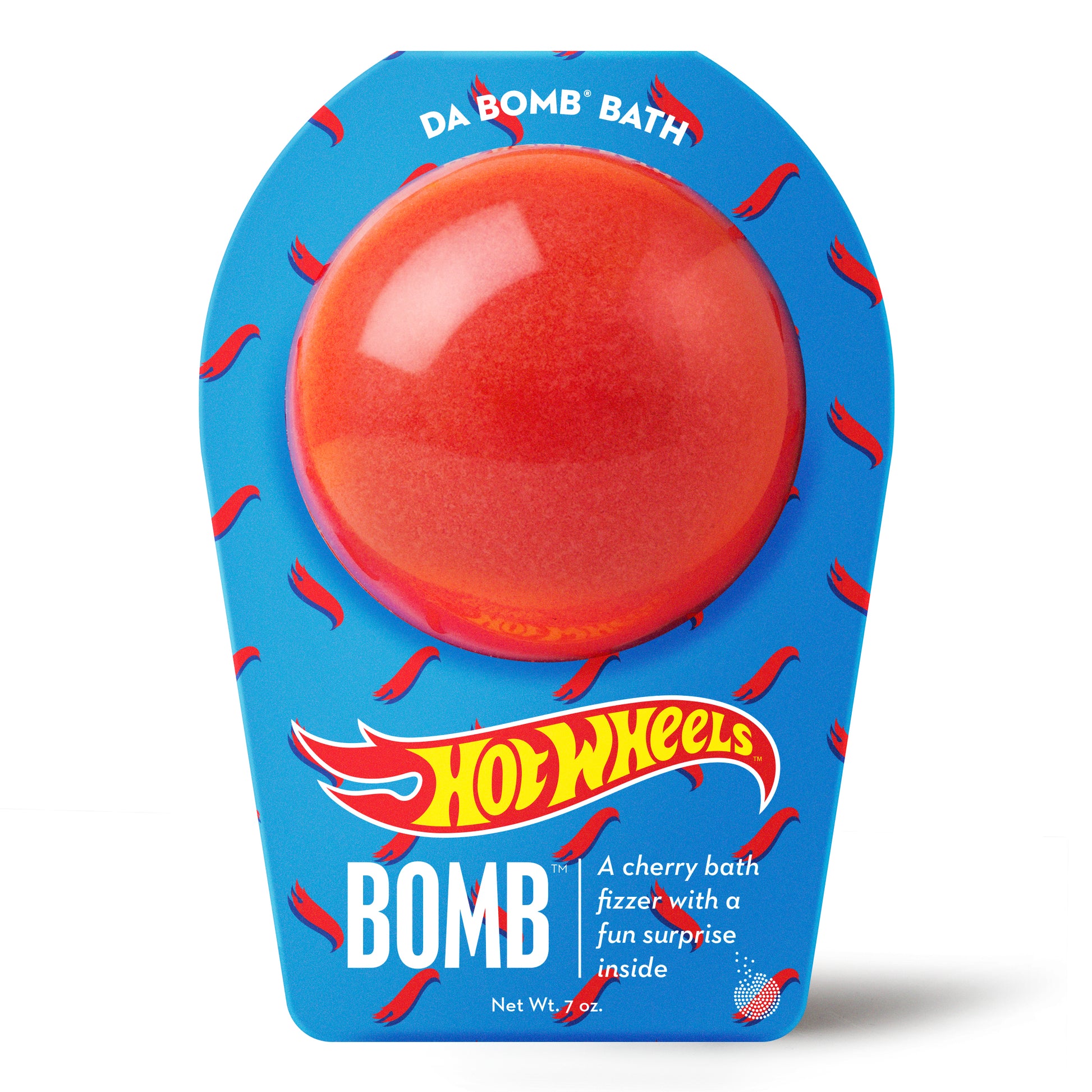 a red bath bomb in blue hot wheels packaging 