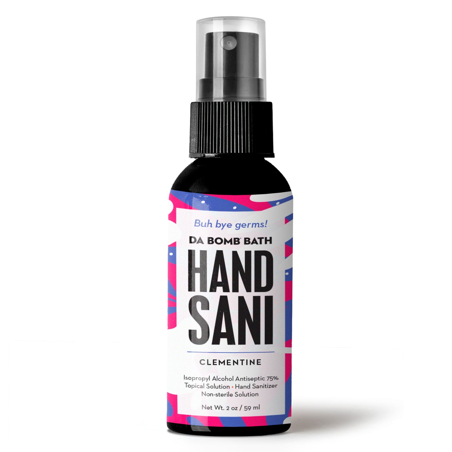 spray bottle of hand sanitizer with pink, white and purple label