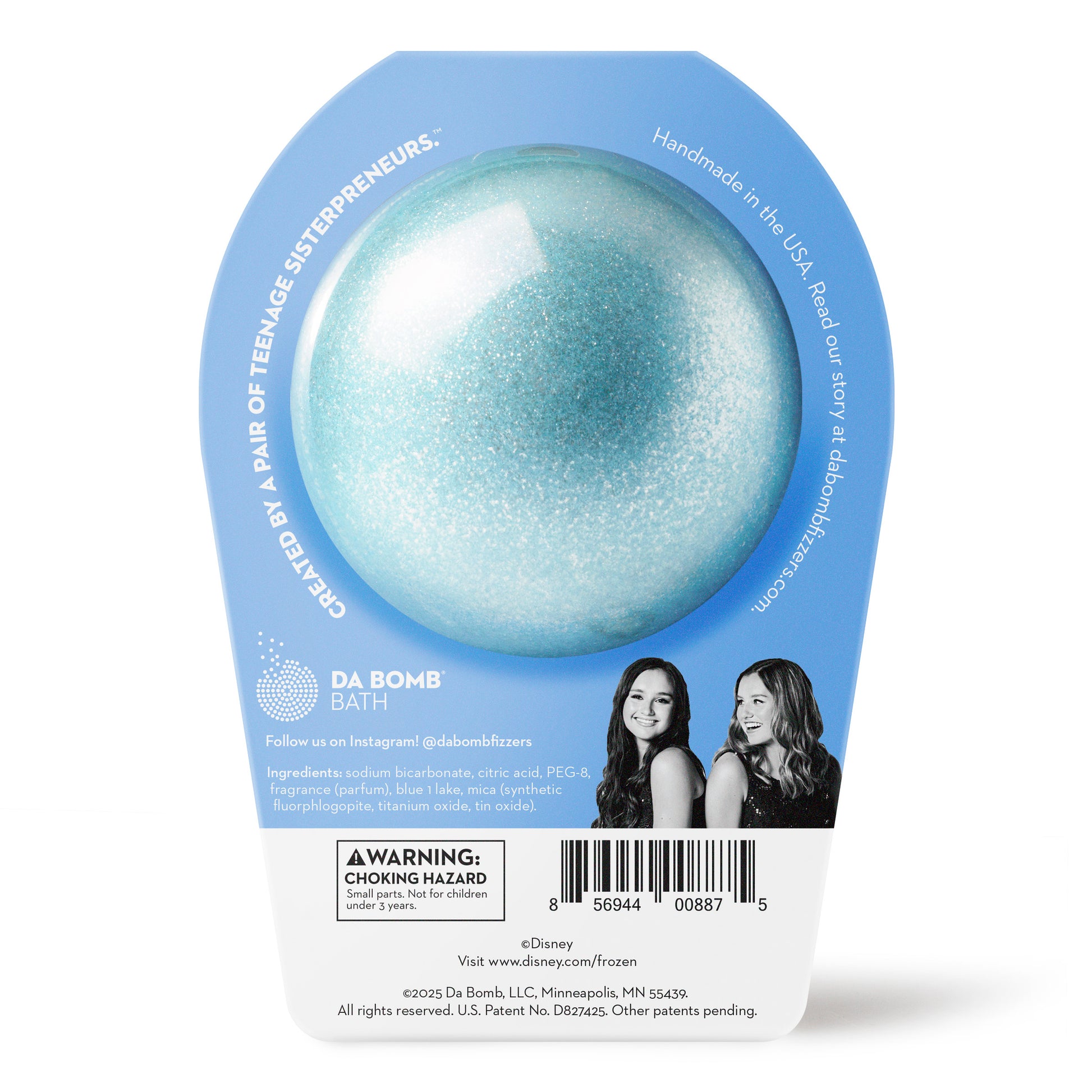 Back of Frozen Elsa bath bomb in packaging. Bath bomb is light blue shimmer on the back.