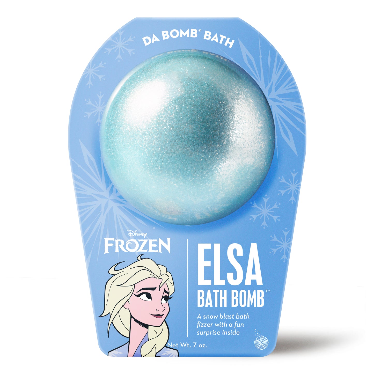 Frozen Elsa bath bomb that is light blue with mica and scented as snow blast.