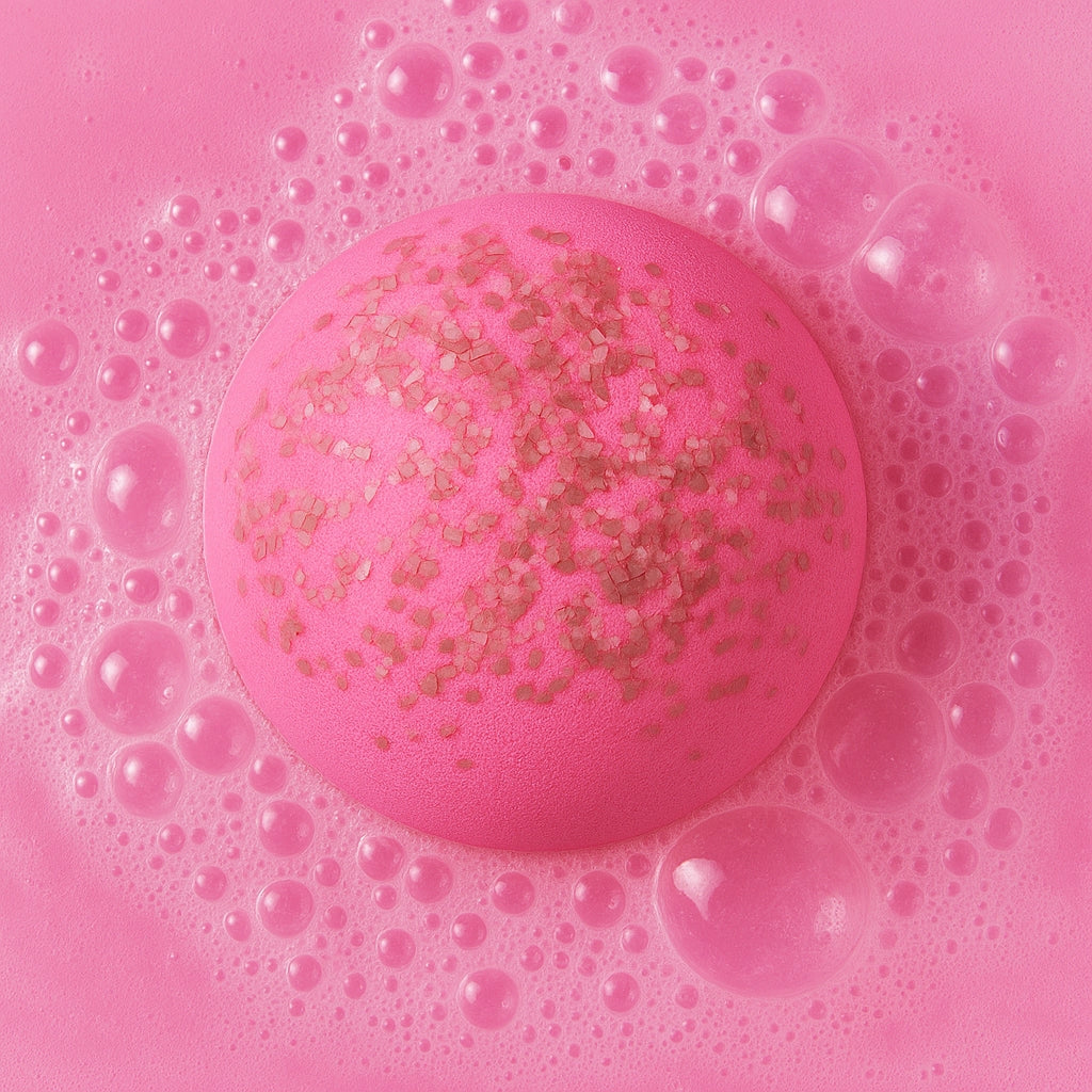 Mom Bomb bath fizzer dissolving in bright pink water with soft bubbles. 