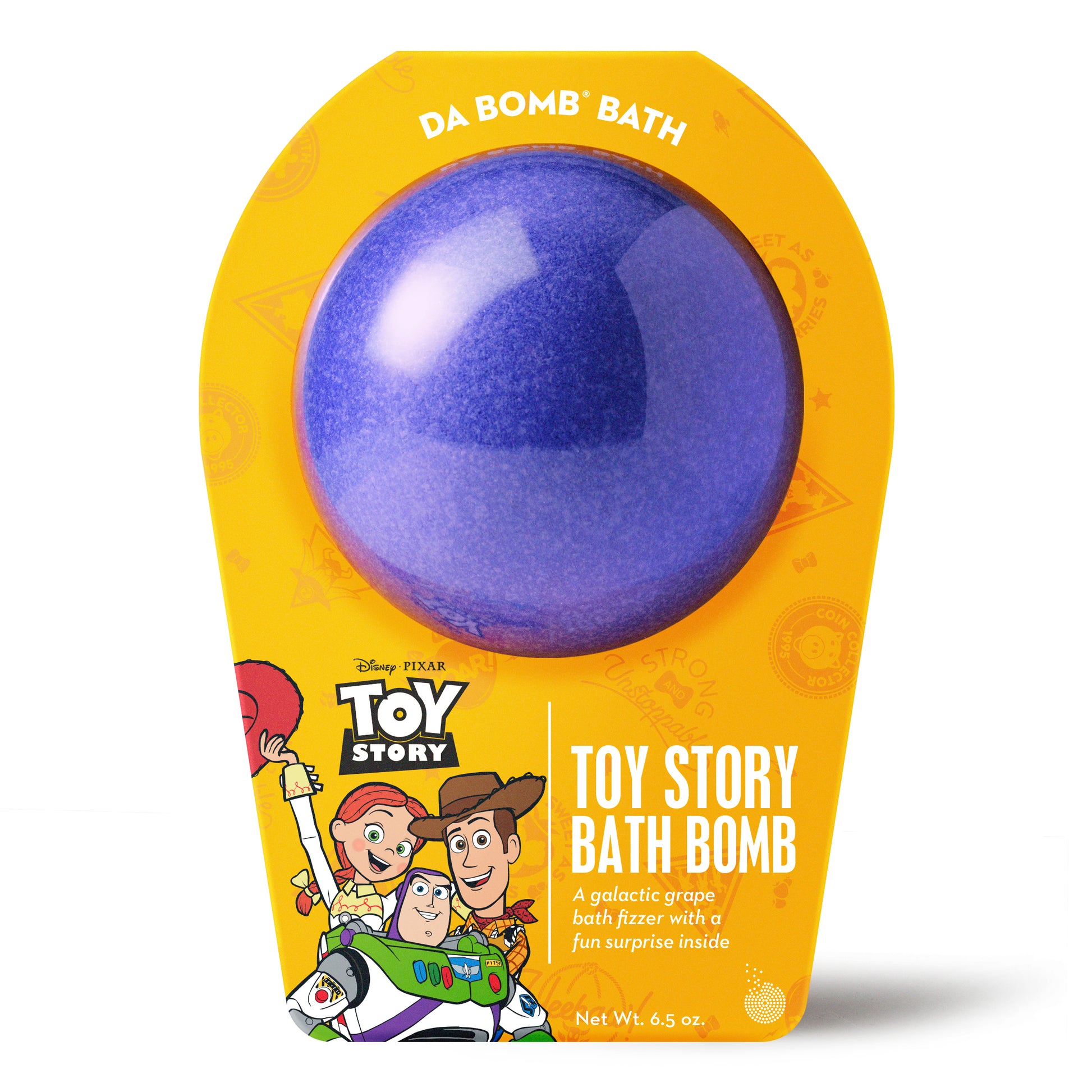 Front of purple bath bomb in yellow Toy Story Packaging