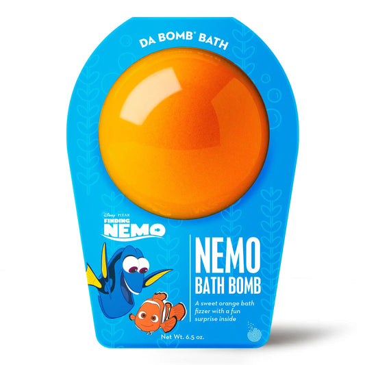 Da Bomb Bath "Finding Nemo" Bath Bomb - Bright orange, sweet orange scented fizzer with a surprise inside, featuring Nemo and Dory on the packaging.