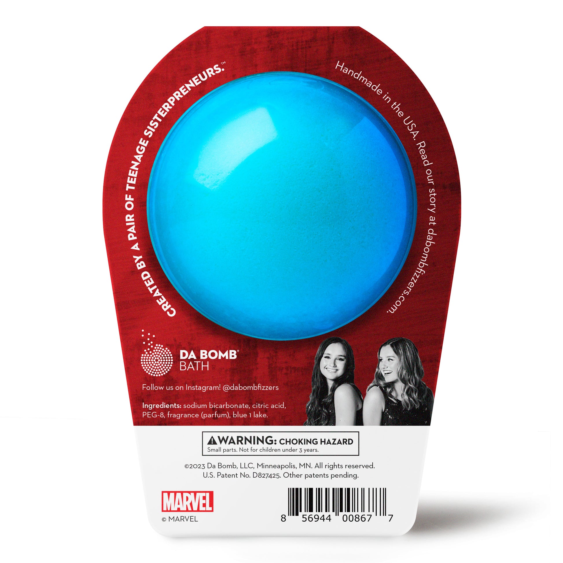 back of a blue bath bomb with red captain america packaging