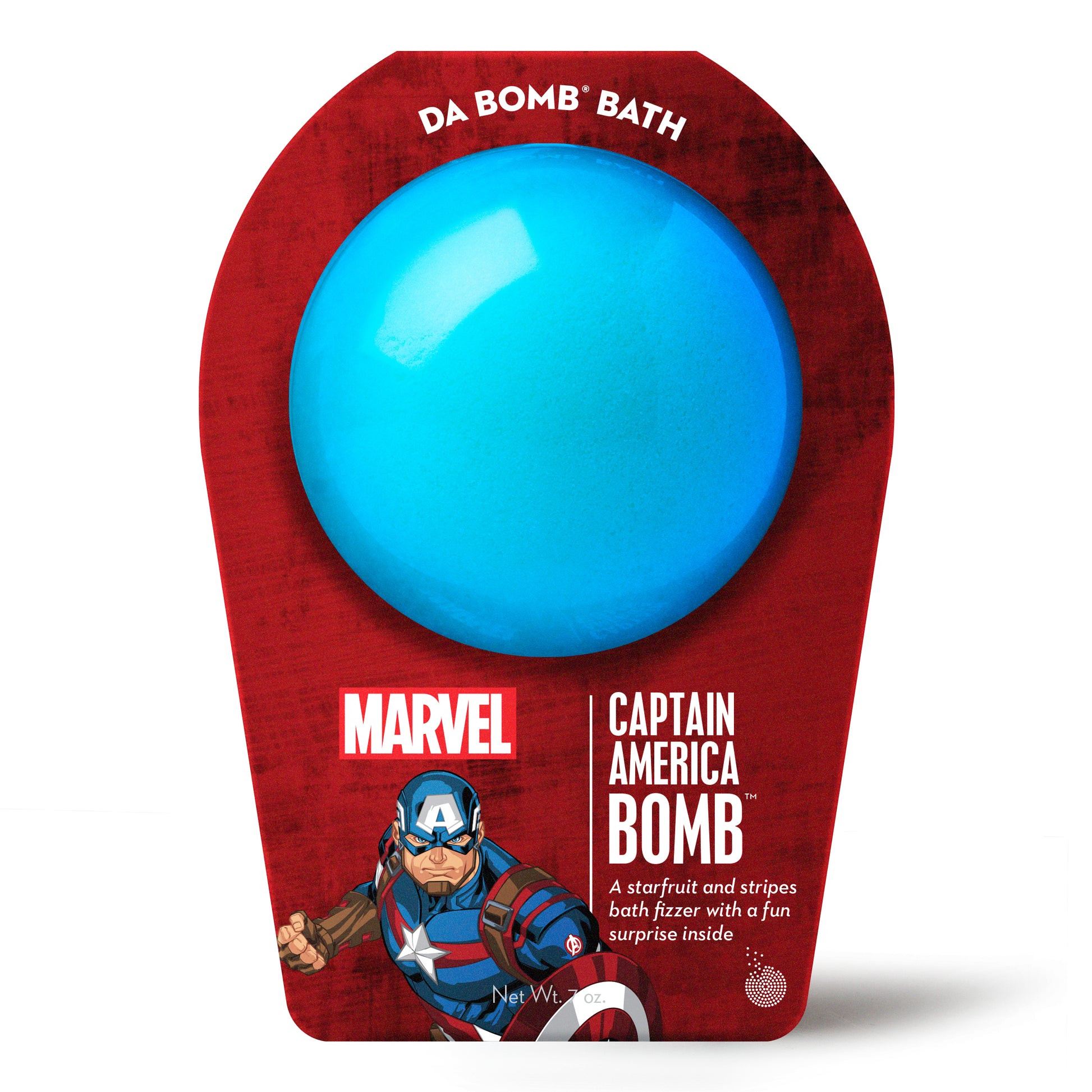 a blue bath bomb with red captain america packaging