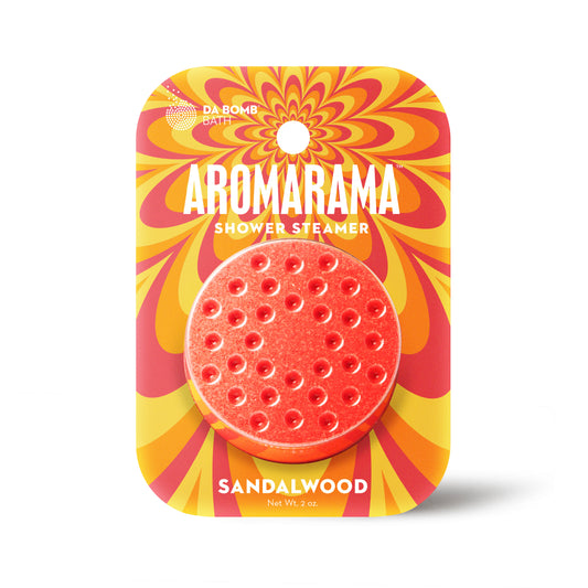 a red sandalwood shower steamer in red and yellow packaging