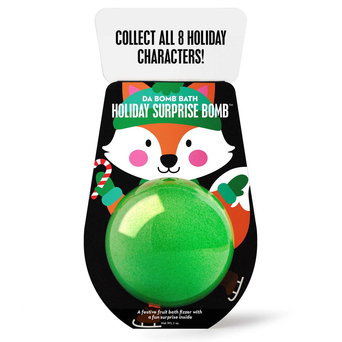 front of green bath bomb in holiday-themed cartoon fox packaging