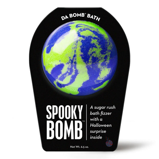 front of a blue and green bath bomb in black packaging