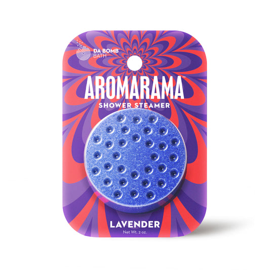a purple lavender shower steamer in purple and red packaging