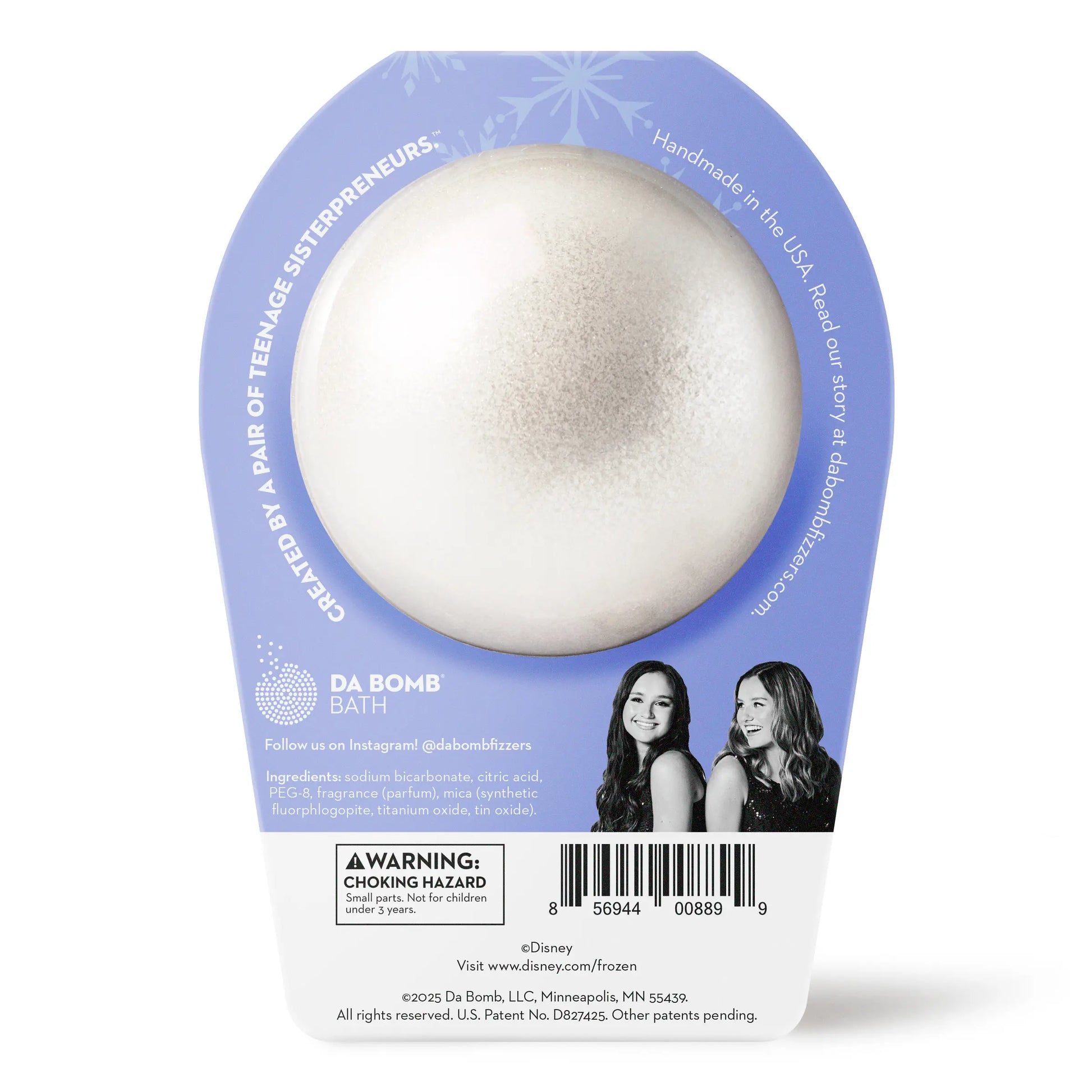 Back of Frozen Olaf bath bomb in packaging. Bath bomb is white shimmer on the back.