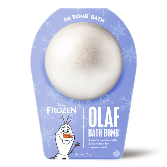 Frozen Olaf bath bomb that is silver, white with mica and scented as winter sparkle.