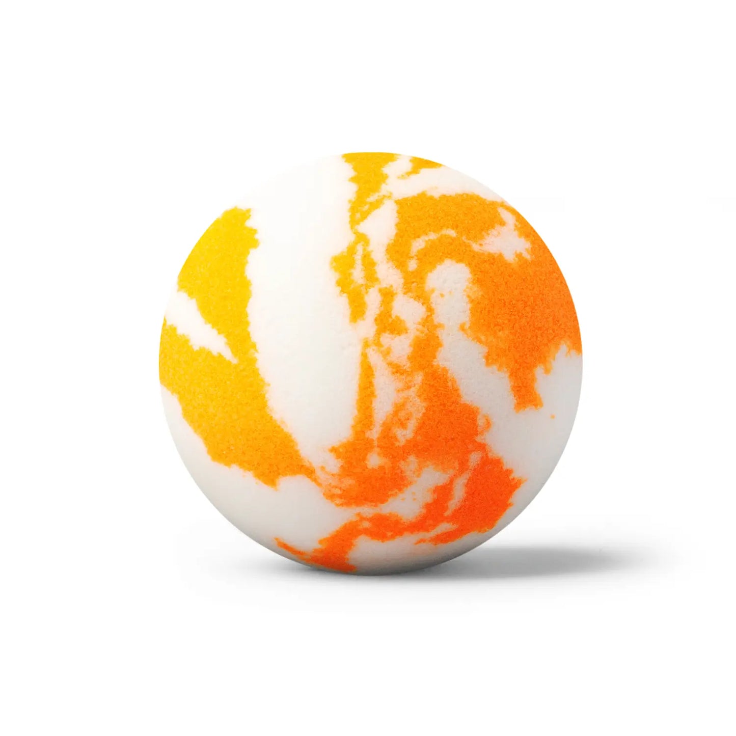 White and orange swirl bath bomb on a white background with shadow