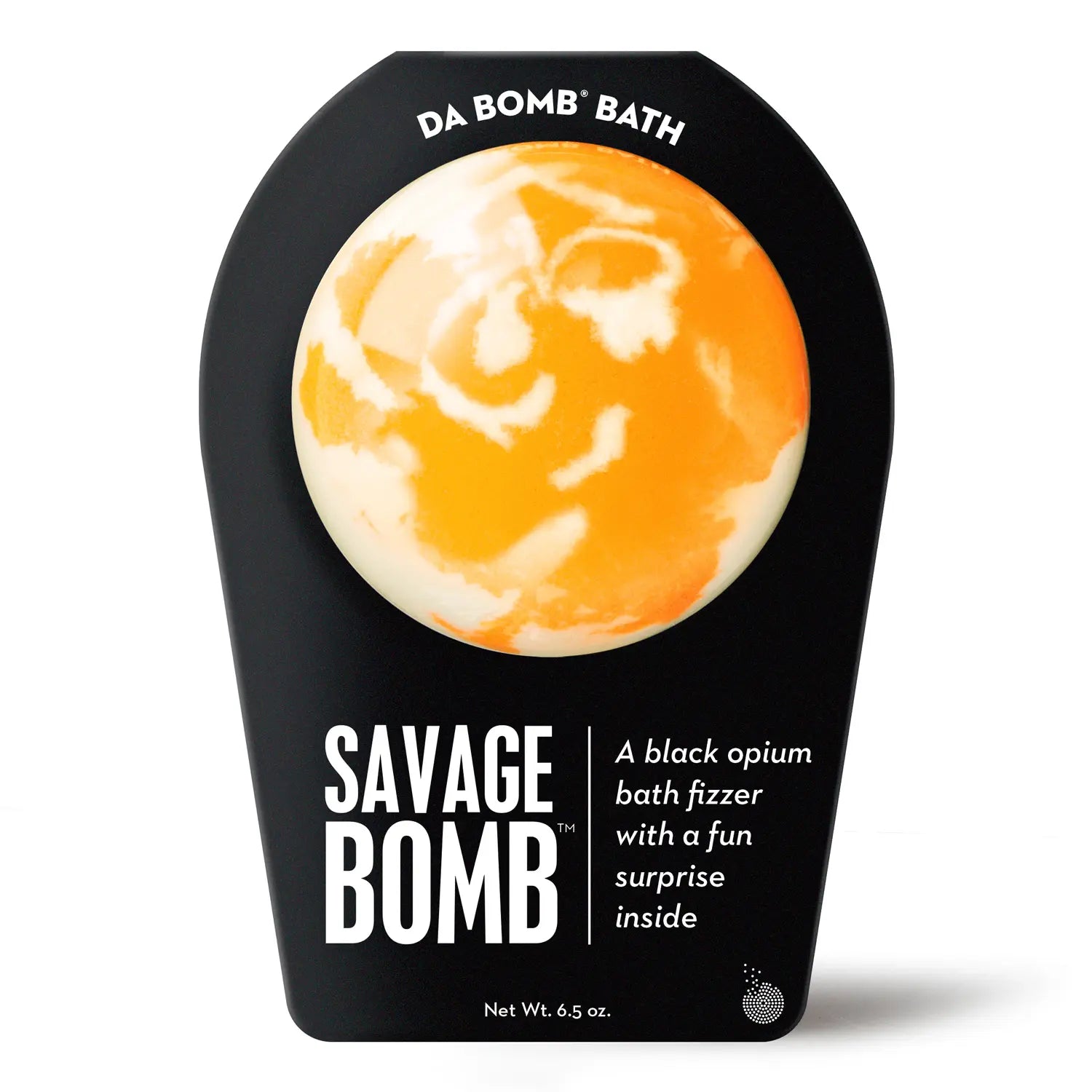 a white and orange bath bomb in black packaging
