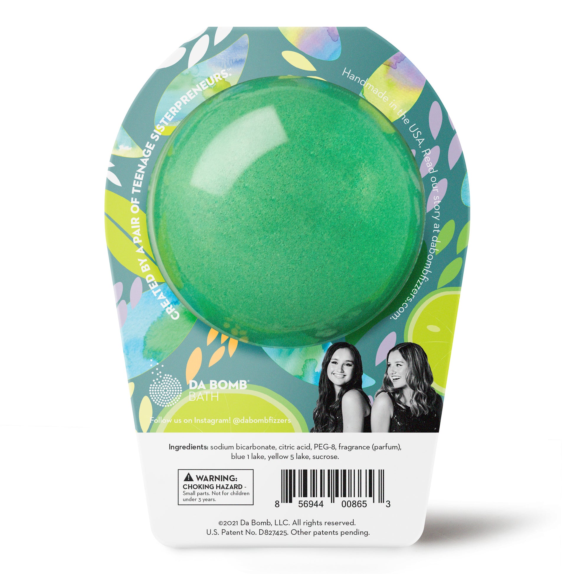 back of a green bath bomb in vibrant packaging