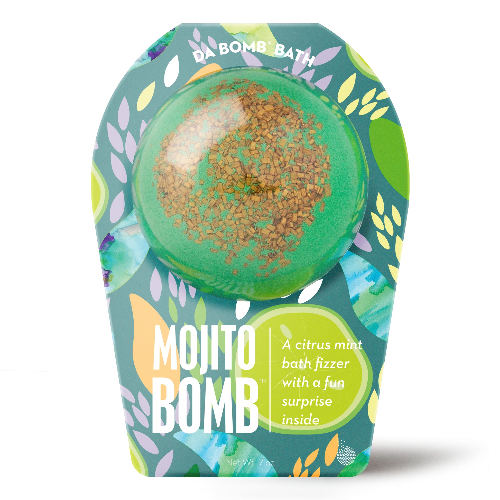 a green bath bomb with golden sprinkles in vibrant packaging