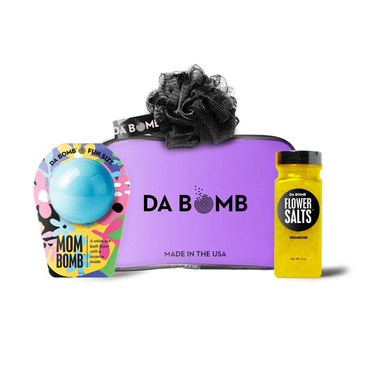 Mother’s Day gift set with Mom Bomb, Flower Salts, black loofah, and purple Da Bomb bag