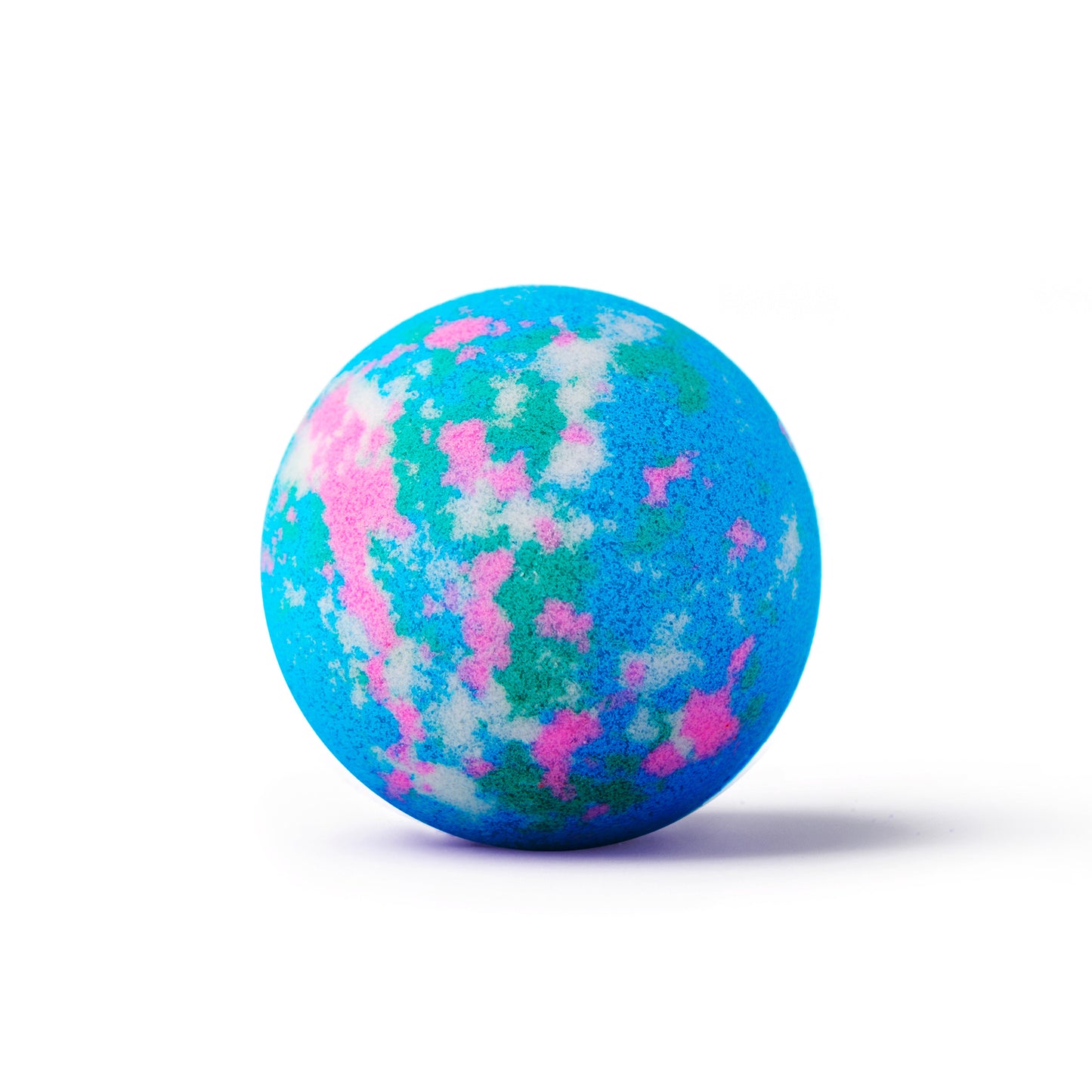 a blue bath bomb with pink spots