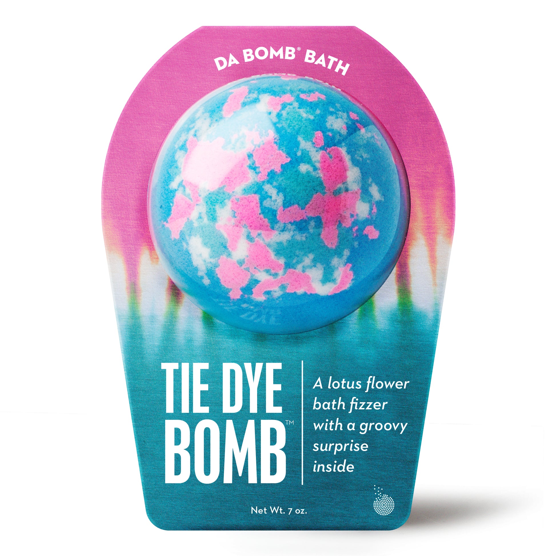 a blue bath bomb with pink spots in tie dye packaging