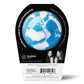 back of a blue and white bath bomb in black packaging