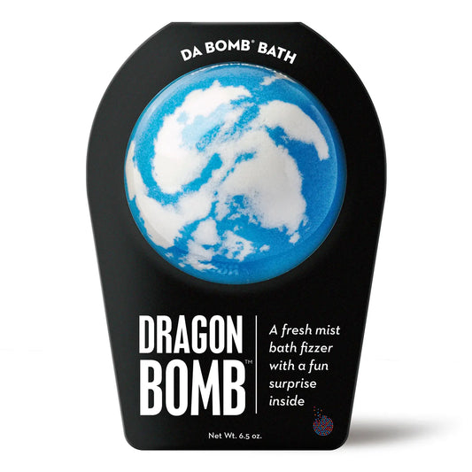 Da Bomb Dragon Bomb bath bomb in black packaging featuring a blue and white bath fizzer with a surprise inside, 6.5 oz fresh mist scent.