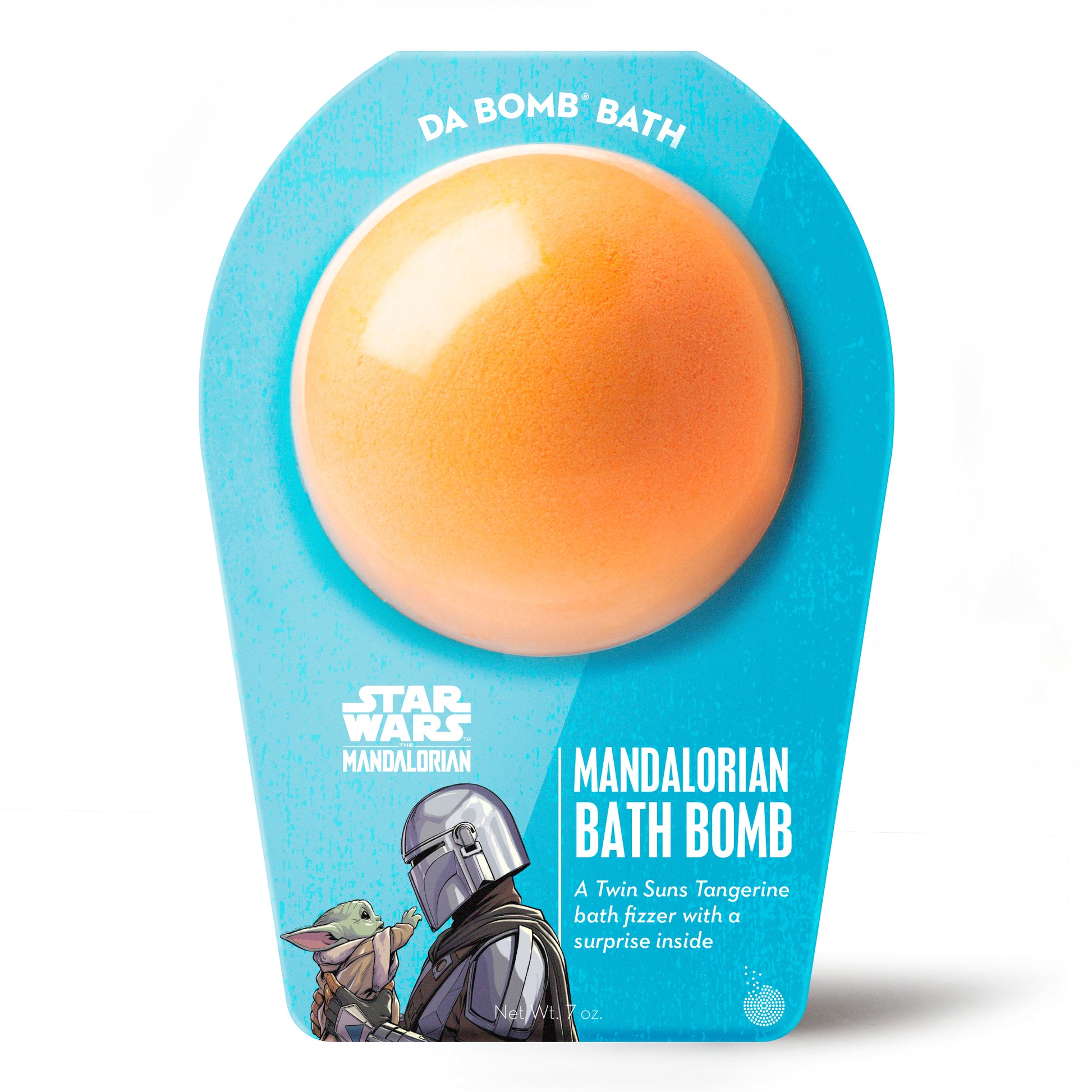 an orange bath bomb in blue mandalorian packaging