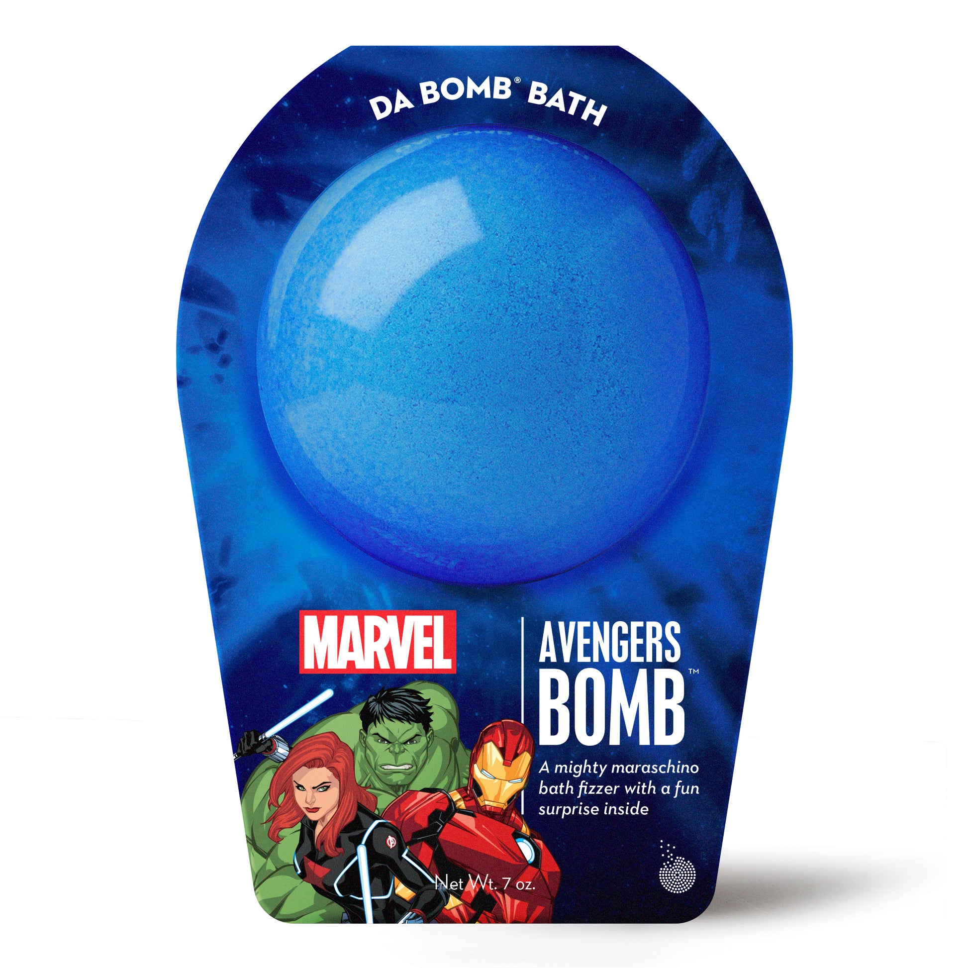 a blue bath bomb with blue avengers packaging 