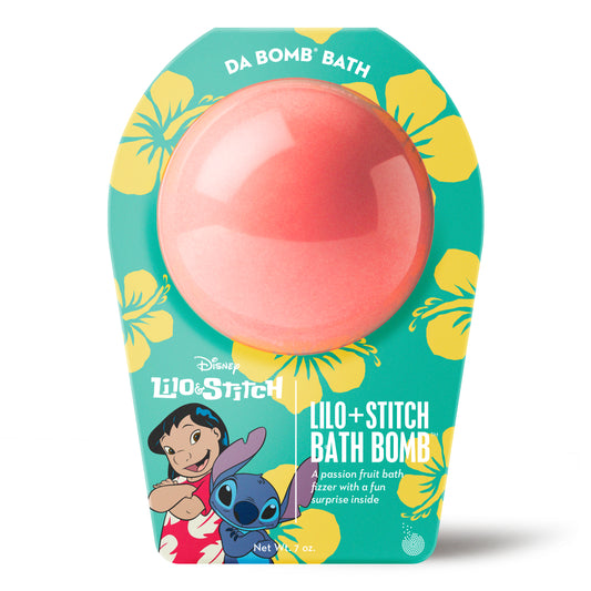 red bath bomb in green lilo & stitch packaging