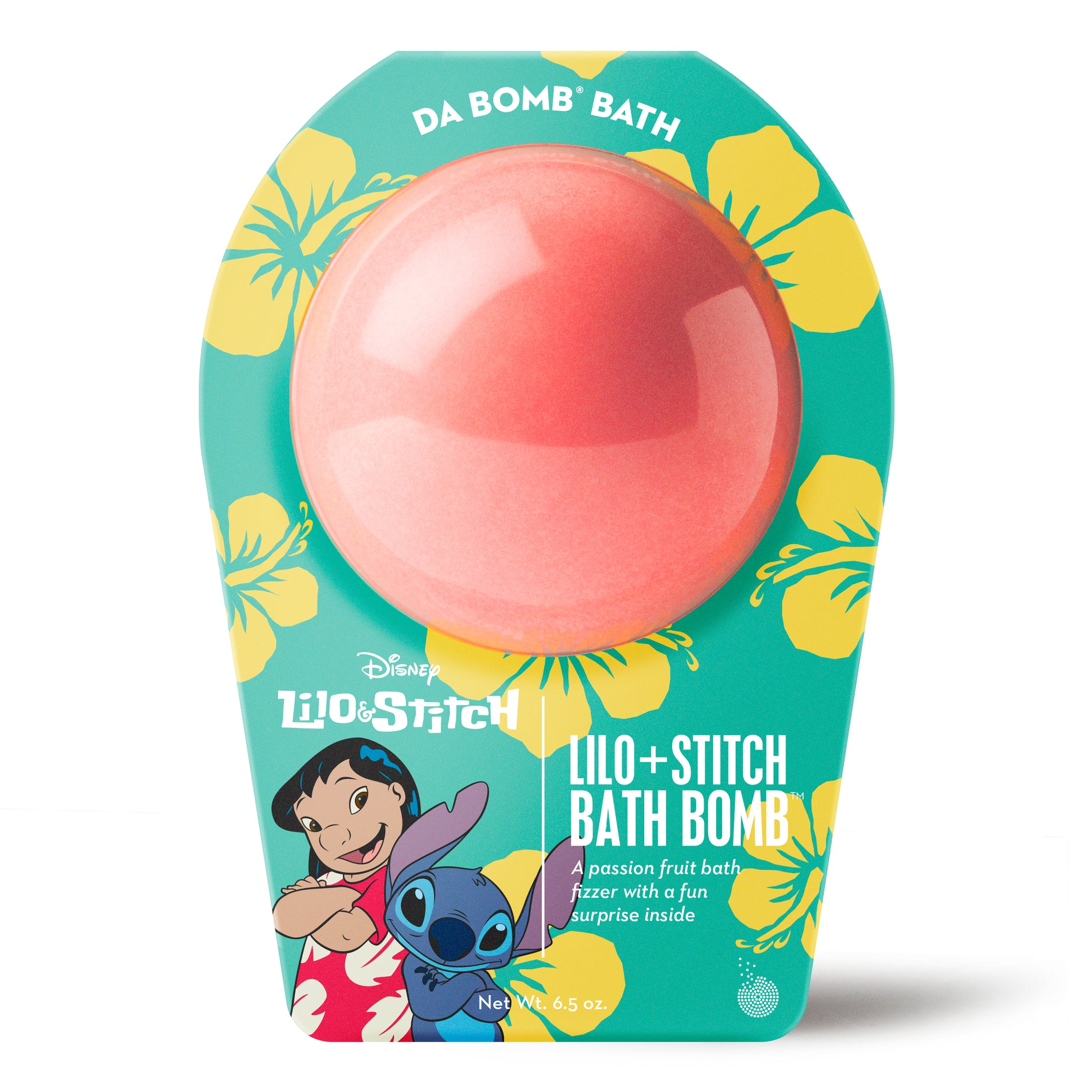 red bath bomb in green lilo & stitch packaging