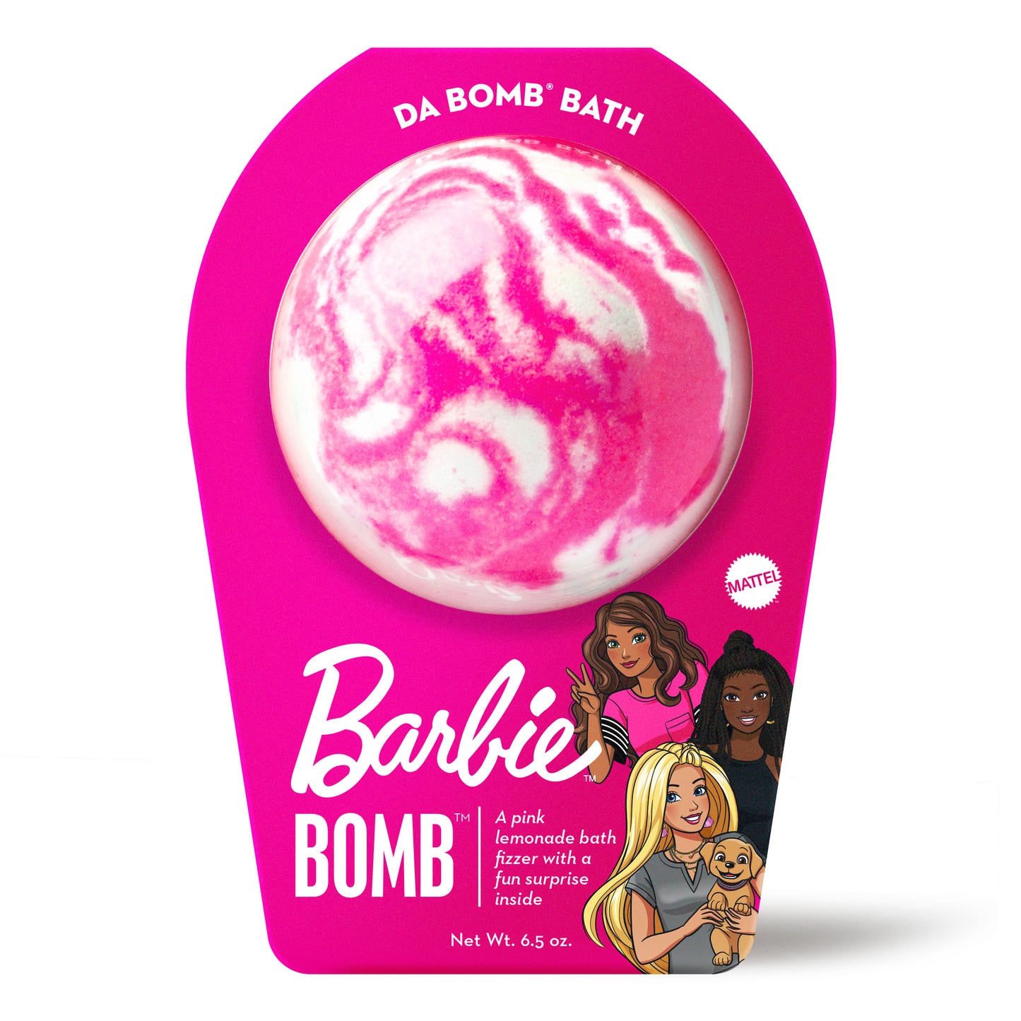 white bath bomb with pink swirls in barbie packaging