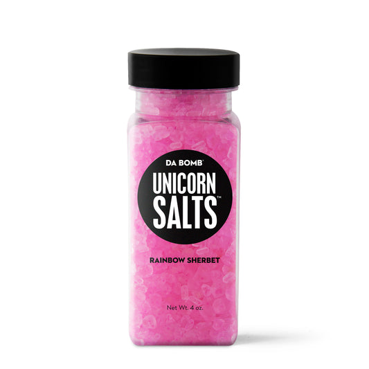 Pink granules in rectangular bottle with black "Unicorn Salts" label
