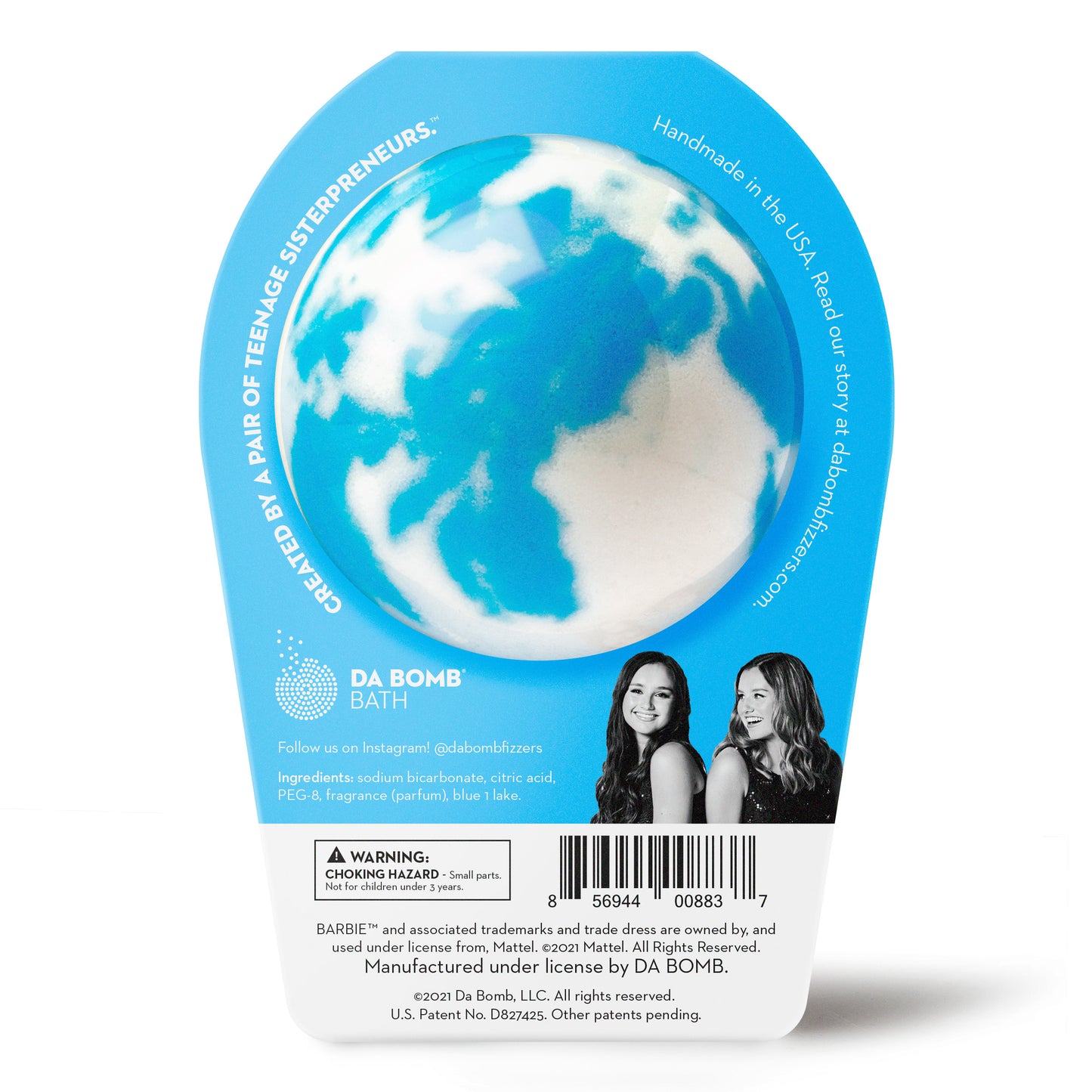 back of a blue and white bath bomb with blue barbie packaging