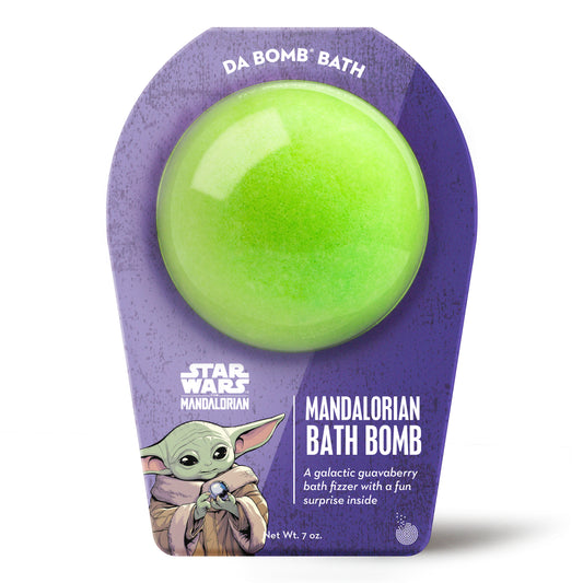a bright green bath bomb in purple grogu star wars packaging