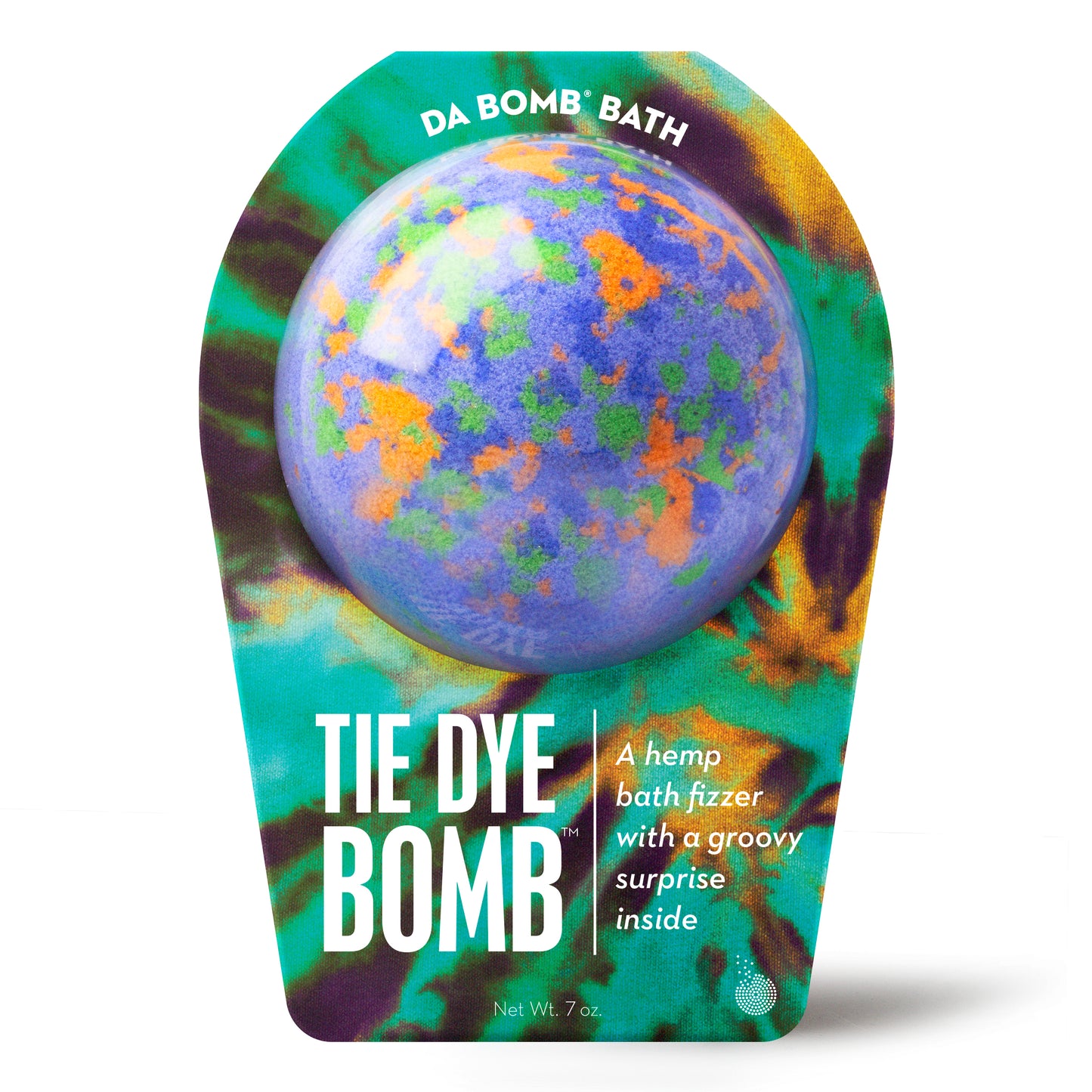 a purple bath bomb with orange and green dots in tie dye colored packaging 
