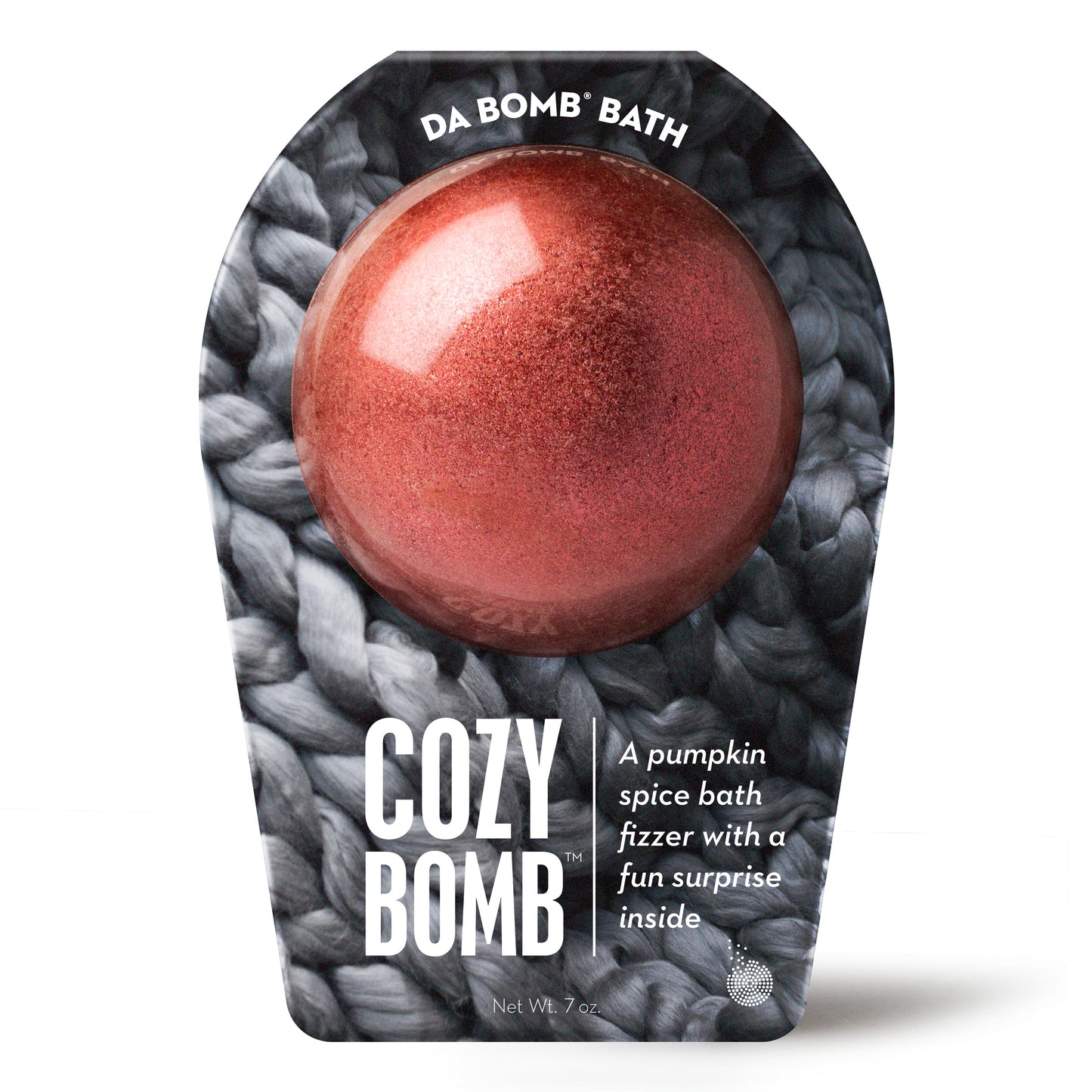a crimson glitter bath bomb with grey knitted graphic packaging 