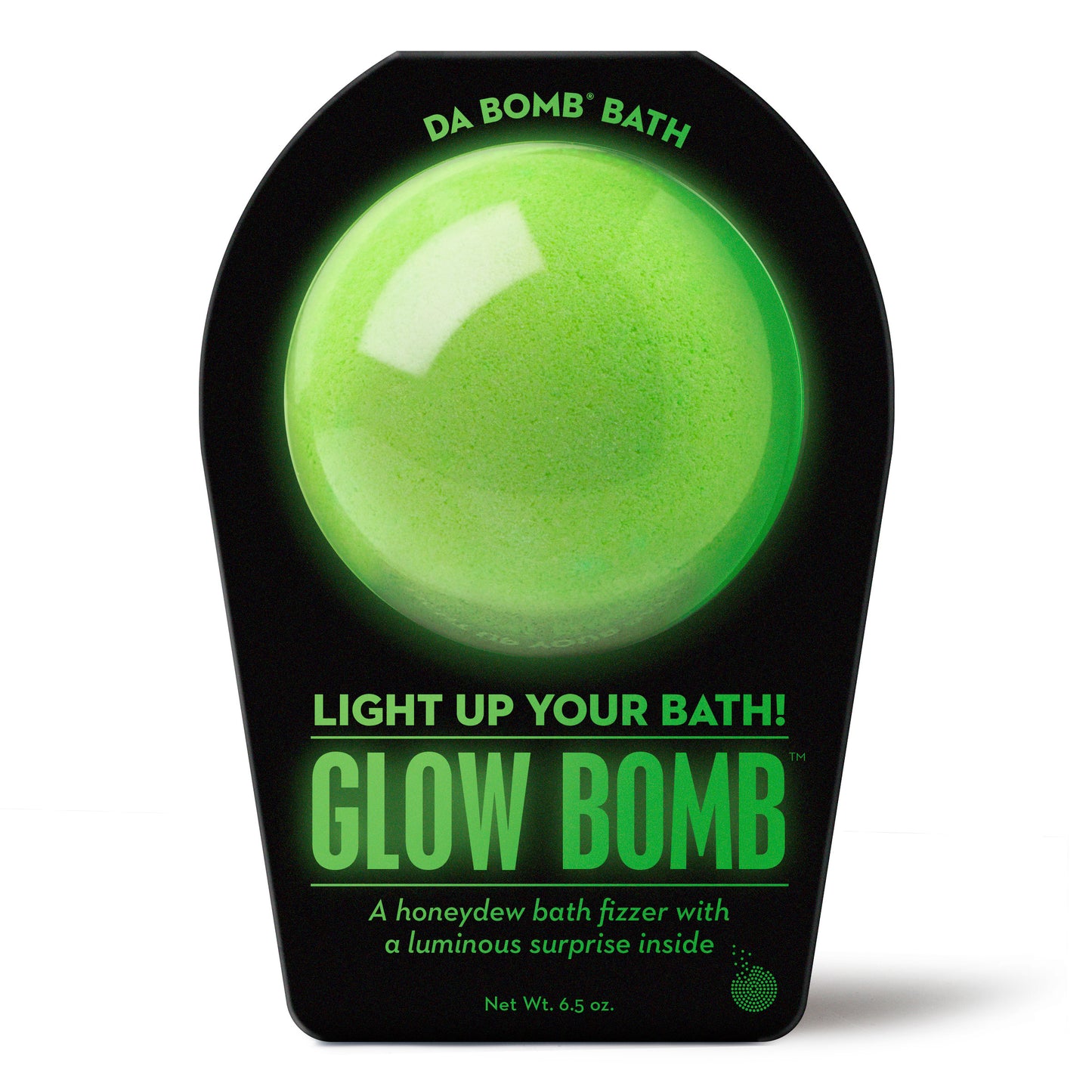 green glow bath bomb in black packaging