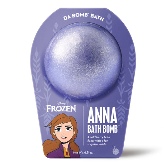 Frozen Anna bath bomb that is purple with mica and scented as wild berry.