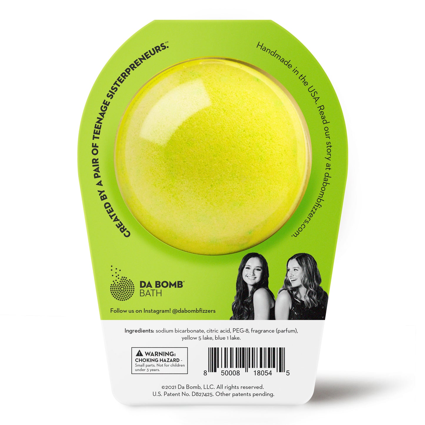 back of a green bath bomb in lime green packaging