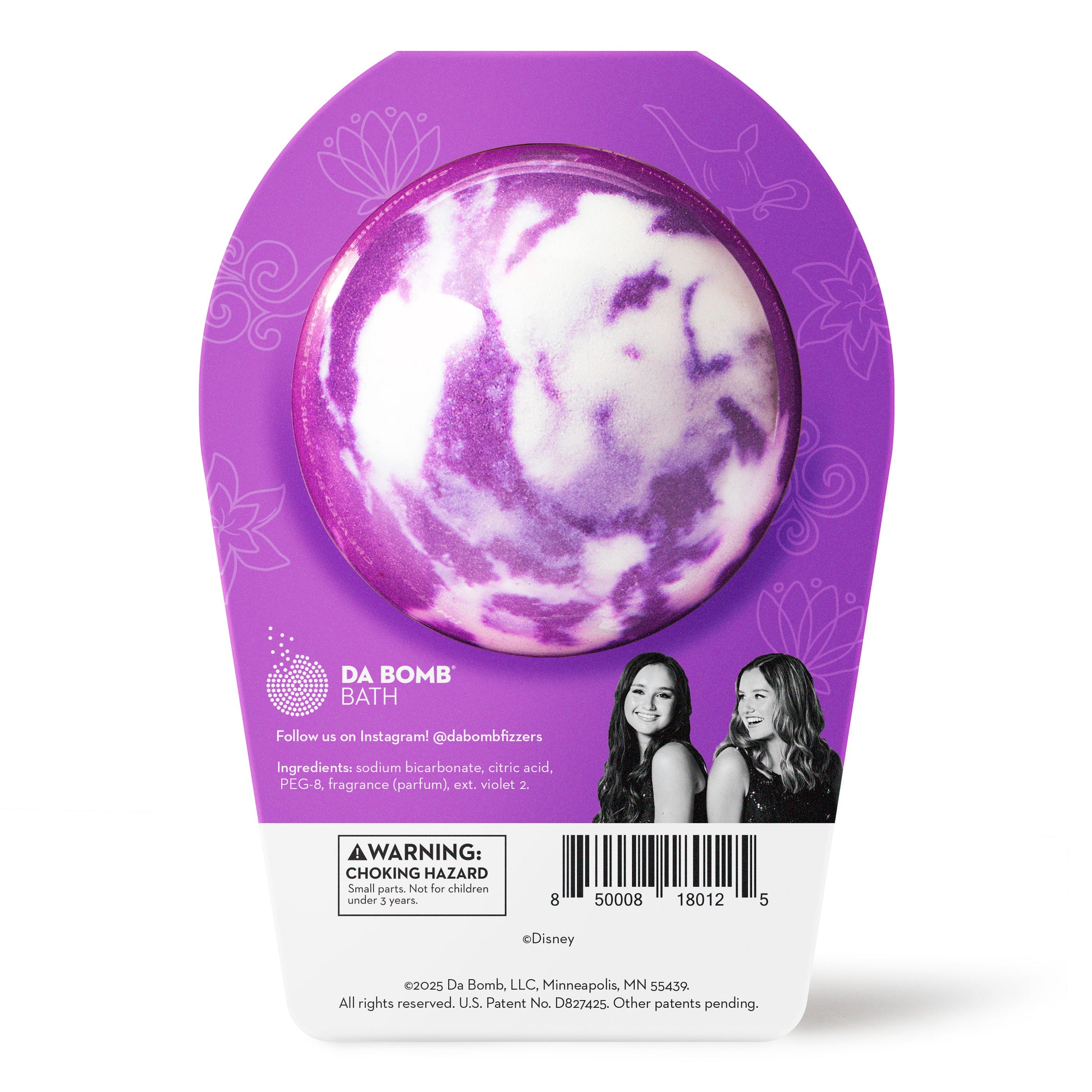 Back of the Jasmine bath bomb in packaging. Bath bomb is white with purple swirl on the back.