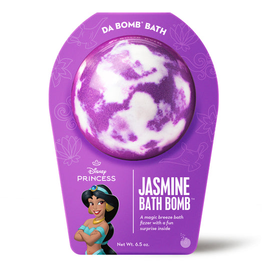 White with purple swirl bath bomb scented as magic breeze in purple Disney Princess Jasmine packaging.