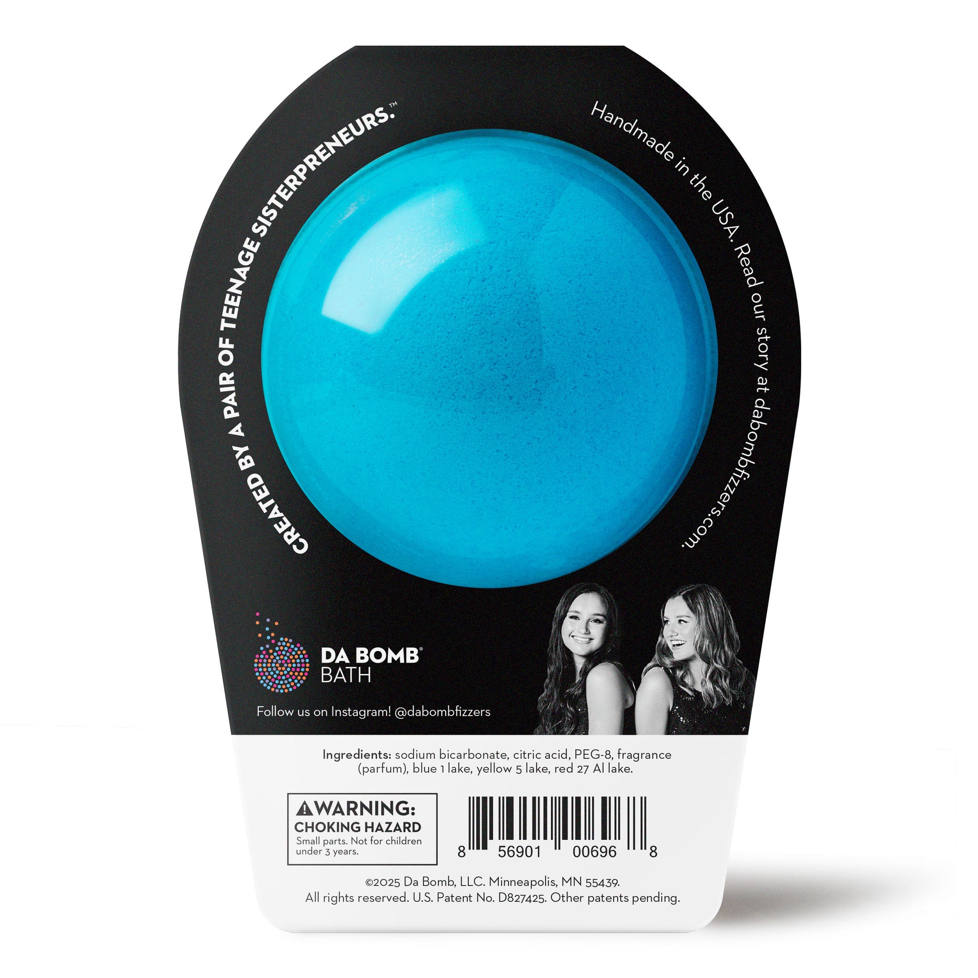 blue bath bomb in black packaging