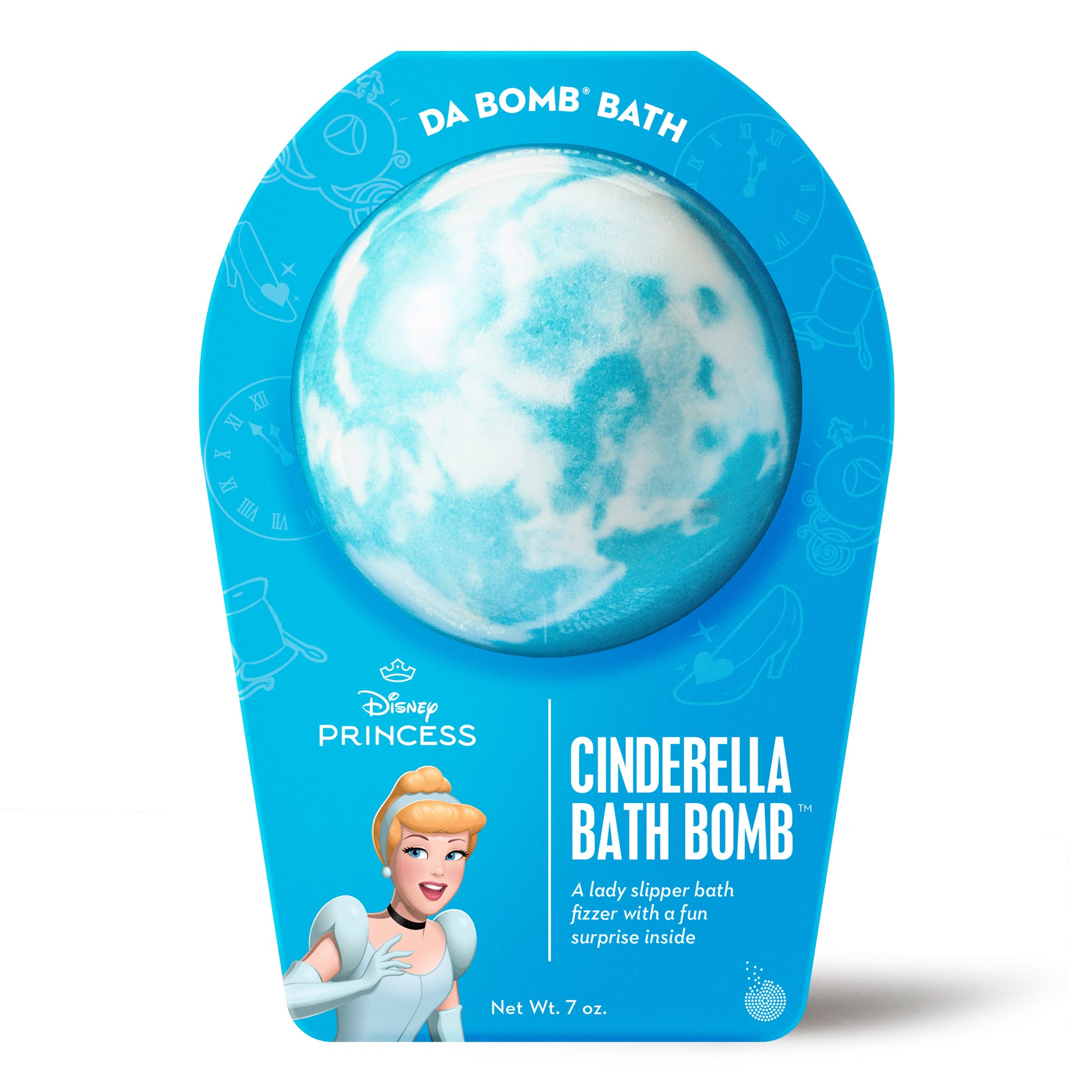 White with blue swirl bath bomb scented as lady slipper in blue Disney Princess Cinderella packaging.