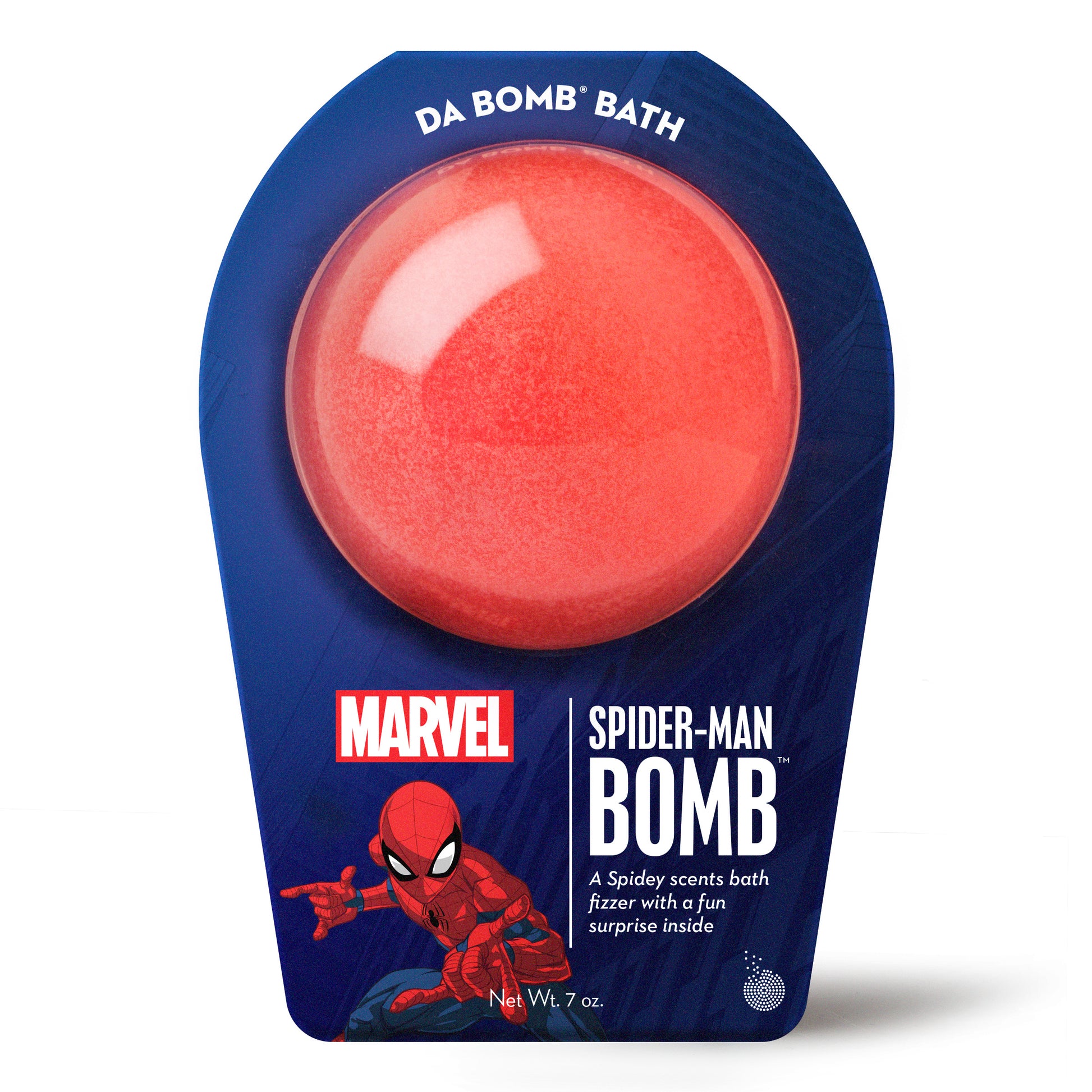a red bath bomb with blue spider-man packaging